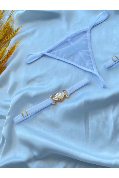 Maly Love Kadın Beyaz Tül Tanga ve Ayarlanabilir Deniz Kabuğu Detaylı Bacak Aksesuarı Seti