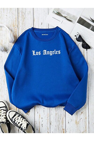 BENROMA Φούτερ με 3 νήματα, χτενισμένο βαμβάκι, με στάμπα Λος Άντζελες, με λαιμόκοψη, unisex, oversize