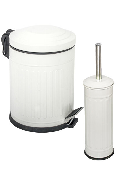 Foreca Vintage 2 li Çöp Kovası Banyo Seti Çizgili Beyaz