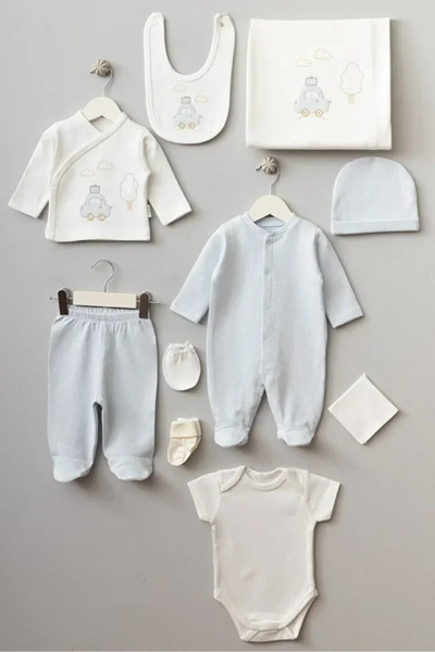 Yumilio Organik Pamuk Bavullu Araba Desenli 10 Parça Yenidoğan Hastane Çıkışı...