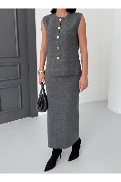 BEJNA Women's Anthracite Button Detailed Vest Long Skirt Bottom Top Knitwear Set