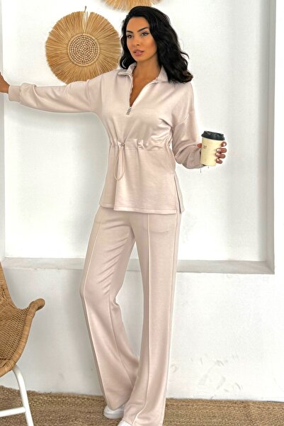 Ded COLLECTION Women's Half Zipper Collar Long Sleeve Adjustable Waist Tunic Wide Leg Modal Set