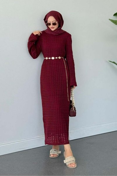Puella Women's Openwork Detailed Pleated Knitwear Midi Dress