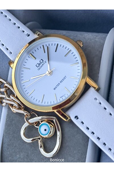 Q&Q Leather Cord Women's Wristwatch, White Color Simple Stylish Model Heart Bracelet