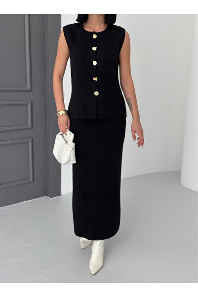 BEJNA Dámská černá vesta s detaily na knoflíky, dlouhá sukně, spodní díl, svrchní díl, pletený komplet