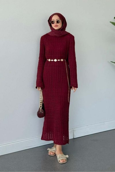 Puella Women's Openwork Detailed Pleated Knitwear Midi Dress
