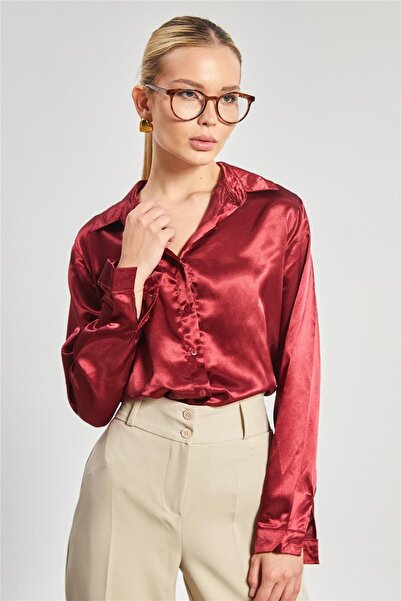 BARRELS AND OIL Women's Classic Satin Shirt - Burgundy
