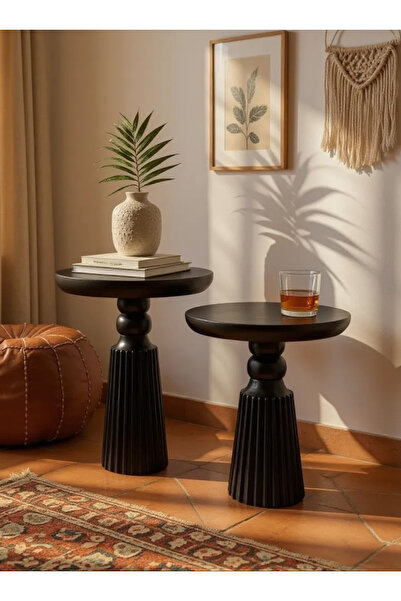 ASELYA HOME Doğal Ahşap 2’li Set Siyah Renk Mantar Yan Sehpa Modern Fiskos Zi...