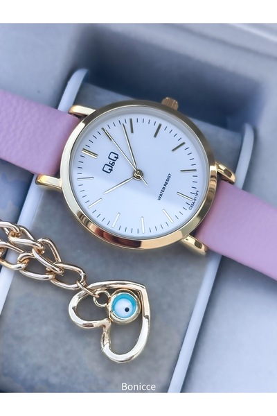 Q&Q Leather Cord Women's Wristwatch, Pink Color Simple Stylish Model Heart Bracelet