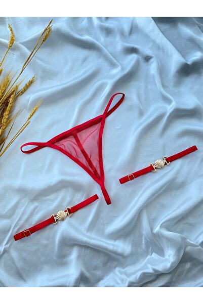 Maly Love Kadın Kırmızı Tül Tanga ve Ayarlanabilir Deniz Kabuğu Detaylı Bacak Aksesuarı Seti