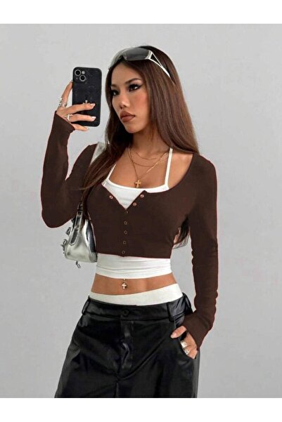 Gofeel Kadın Fit Uzun Kollu Twisty Düğmeli Crop Bluz