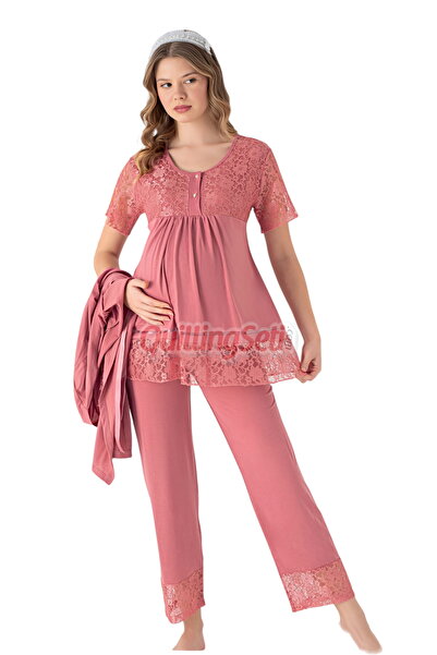 quilling Dusty Rose Color Lace Detailed 3-Piece Long Sleeve Maternity Pajama Set with Dressing Gown 52298