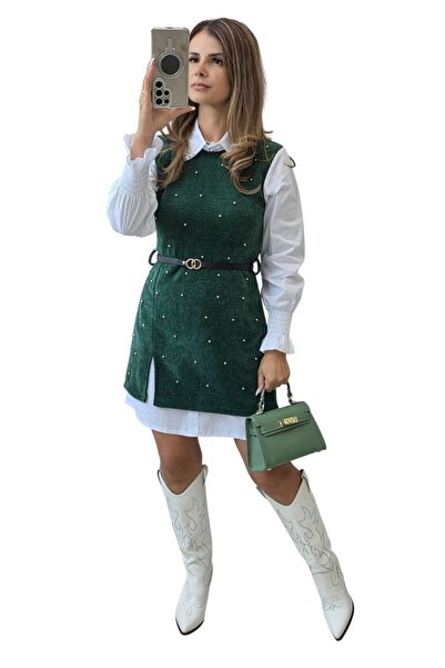 GLAMSI Rochie tip cămașă combinată bumbac și vestă cu accesorii metalice