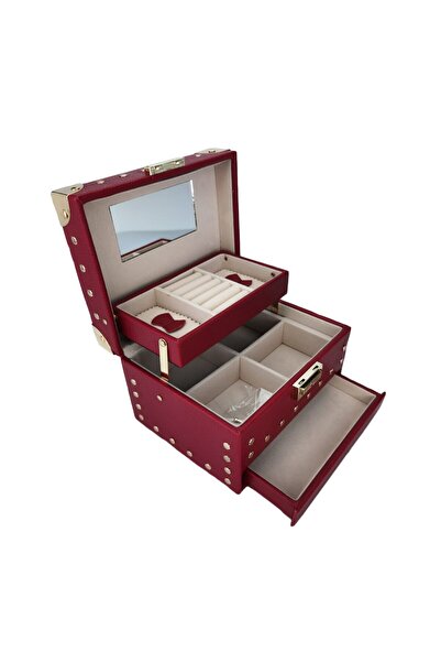 Doty Jewelry Box made of ecological leather, elegant, with drawer, 19cm, red