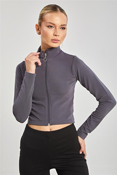 BARRELS AND OIL Dik Yaka Fermuarlı Kadın Body - Füme