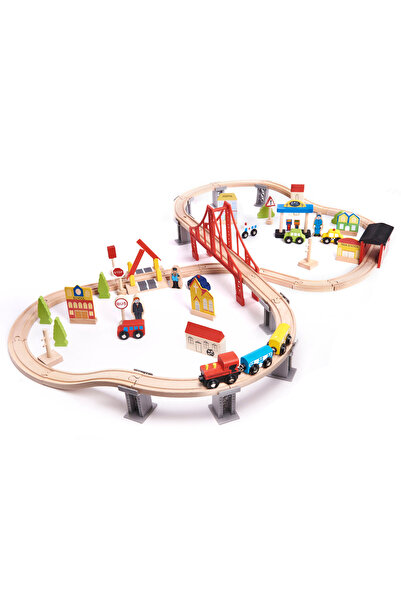 İSP Circuit Trenulet din Lemn "LikeSmart Red Bridge Train 6488", 70 de accesorii, bariera, pod, indi