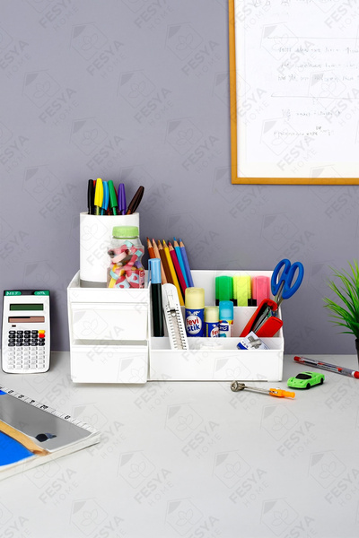 Fesya Home Elegance Desktop Organizer with Drawer Pen Holder Office Organizer - White
