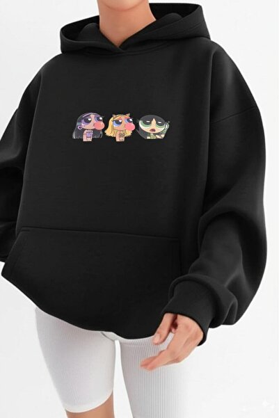 NO 601 Hanorac negru cu glugă, cu imprimeu Power Puff, pentru femei