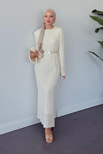 Genel Markalar Kadın Ajur Detaylı Pileli Triko Midi Elbise