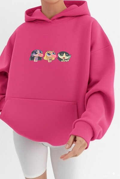 NO 601 Hanorac cu glugă groasă cu imprimeu Power Puff, roz închis, pentru femei
