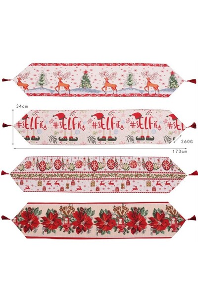 Flippy Christmas Table Runner, Knitted Thick Fabric, Ornaments & Reindeer, 173x34x0.2 cm, White/Red