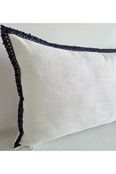 Fabric by Gülçin Keten Pamuklu Beyaz Kumaş Dantel Biyeli Kırlent Kılıfı