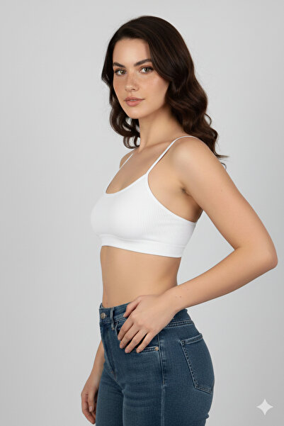 ROSAMİNA Women's Cotton Thin Strap Padded White Ribbed Bralette Bra Bustier