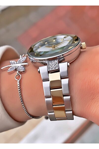 Homies Yellow Silver Color Women's Wristwatch and Butterfly Figured Bracelet Set - Stylish Metal Band,