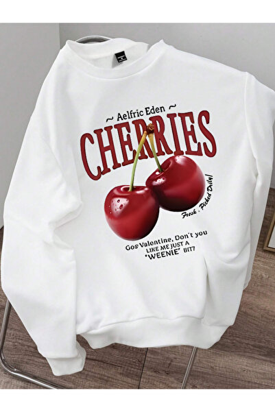 Revasser Unisex Kadın/Erkek Detaylı CHERRIES Özel Baskılı Renkli Oversize Bis...
