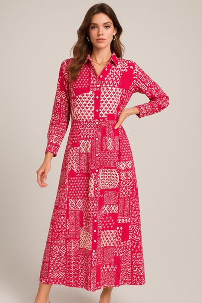 Rich Women's Fuchsia White Patterned Long Sleeve Buttoned Maxi Shirt Dress