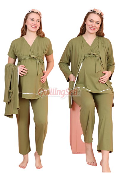 quilling طقم بيجامات للأمومة بأكمام طويلة مكون من 3 قطع مع رقبة على شكل حرف V...