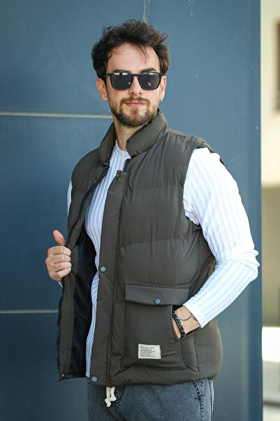 Oksit Octave Men's Puffer Vest with Waterproof Hooded Pocket and Label Detail Stand Collar