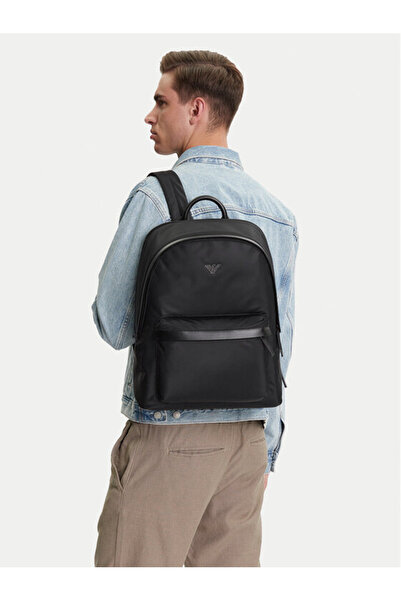 Emporio Armani Men's Metallic Logo Badge Zippered Front Pocket Adjustable Strap Black Backpack Em001795 Af134