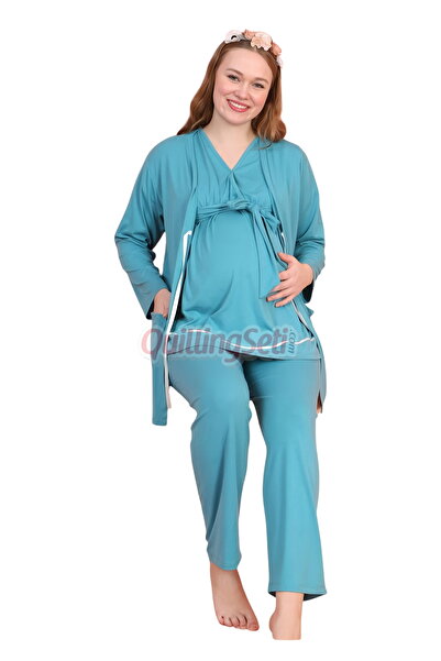 quilling Turquoise Colored V-Neck 3-Piece Long Sleeve Maternity Pajama Set with Dressing Gown 59340