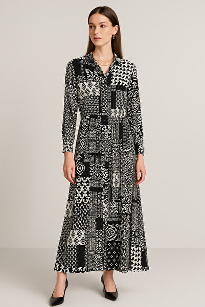 Rich Women's Black and White Patterned Long Sleeve Buttoned Waist Maxi Shirt Dress