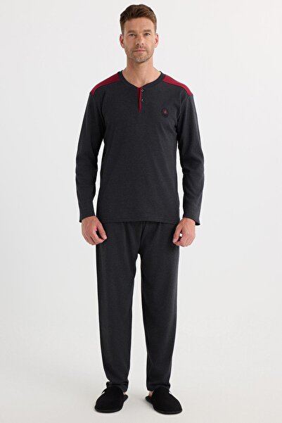 Tudors Ανδρικό σετ πιτζάμες από βαμβακερό κοστούμι με κουμπιά, ελαστική μέση, με σχέδιο ανθρακί