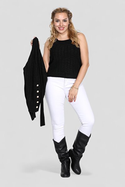 NEWCO Women's 2-Piece Knitwear Cardigan Set with Straps, Button Detail, Stylish and Comfortable, Suitable for Both Night and Office Style