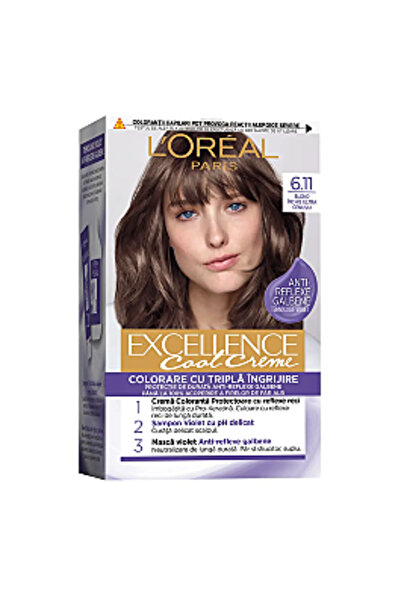 L'Oreal Paris Cremă de păr Excellence Cool Creme, cu amoniac, 6.11 Blond închis cenușiu ultra, 192 ml