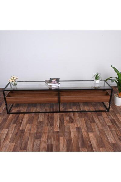 Crestj طاولة بلازما بسطح زجاجي مع رف خشبي بني مقسم مقاس 160*40 سم - جودة وفخامة في التصميم