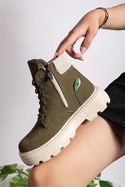 motto store Γυναικείες μπότες με φλατ σόλα με φερμουάρ χακί σουέντ