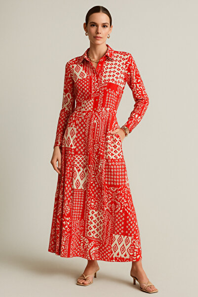 Rich Women's Red and White Patterned Long Sleeve Buttoned Waist Maxi Shirt Dress