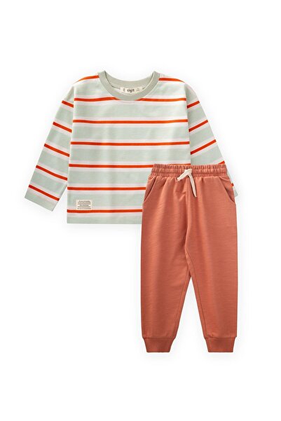 Cigit Striped Long Sleeve T-Shirt Set 2-12 Years Mint Orange Striped