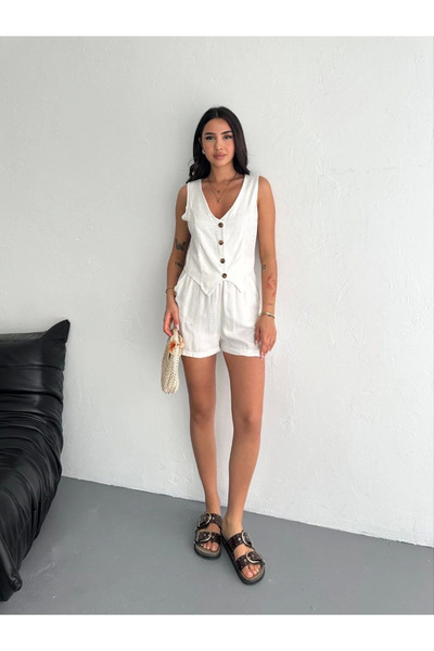 Zerenyus Women's Linen Shorts Vest Set Cream