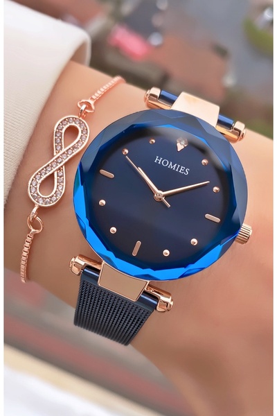 Homies Women's Wristwatch with Navy Blue Dial and Infinity Bracelet Set - Ros...