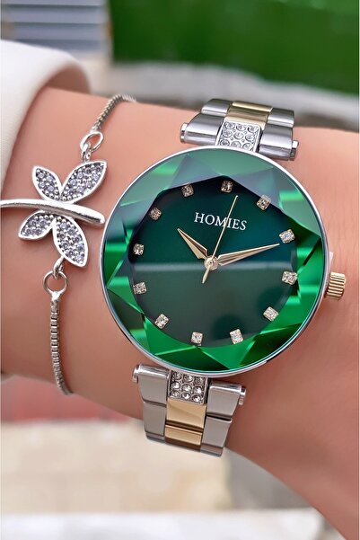 Homies Yellow Silver Color Women's Wristwatch and Rhinestone Bracelet Set - Green Dial, Stylish Metal Band