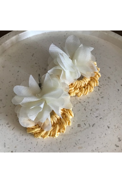 By G Tasarım Yellow Paper String White Flower Design Earrings
