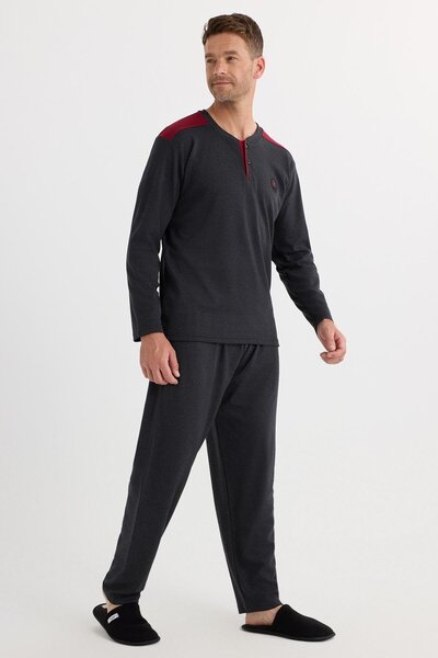 Tudors Men's Regular Fit Cotton Buttoned Collar Elastic Waist Patterned Anthracite Pajama Set