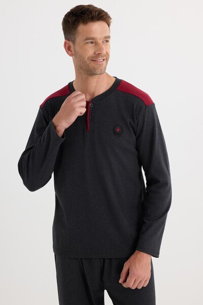 Tudors Men's Regular Fit Cotton Buttoned Collar Elastic Waist Patterned Anthracite Pajama Set