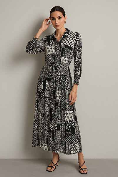 Rich Women's Black and White Patterned Long Sleeve Buttoned Waist Maxi Shirt Dress