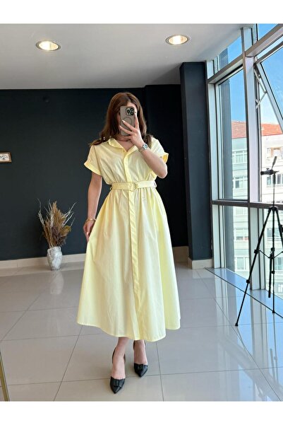 Şulenin Butiği Kendinden Kemerli Poplin Elbise Sari